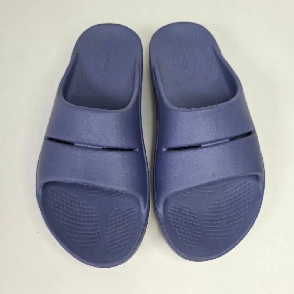 OOFOS Women 8 OOahh Recovery Slide Sandals Navy Blue Orthopedic Comfort Shoes